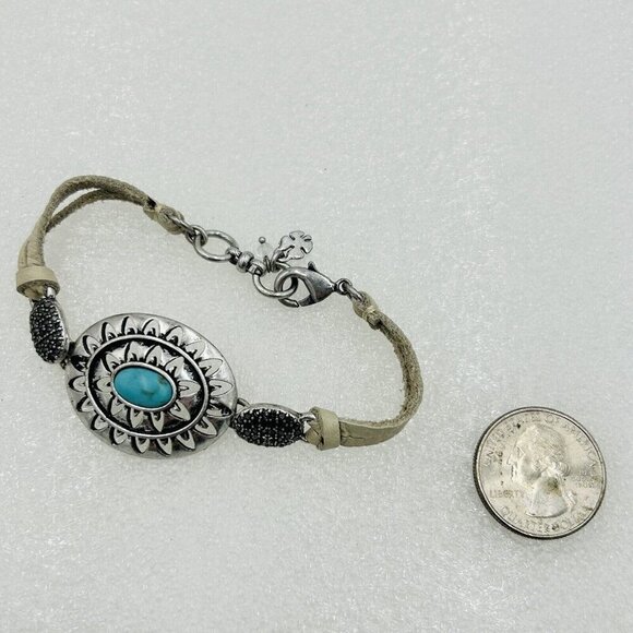Lucky Brand Bracelet Turquoise Ivory Leather Silver Toned Boho Western 7" - Picture 2 of 3